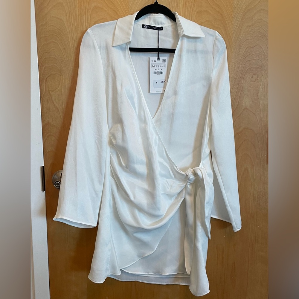 White satin Zara wrap dress, size medium, NEW with tags, NWT